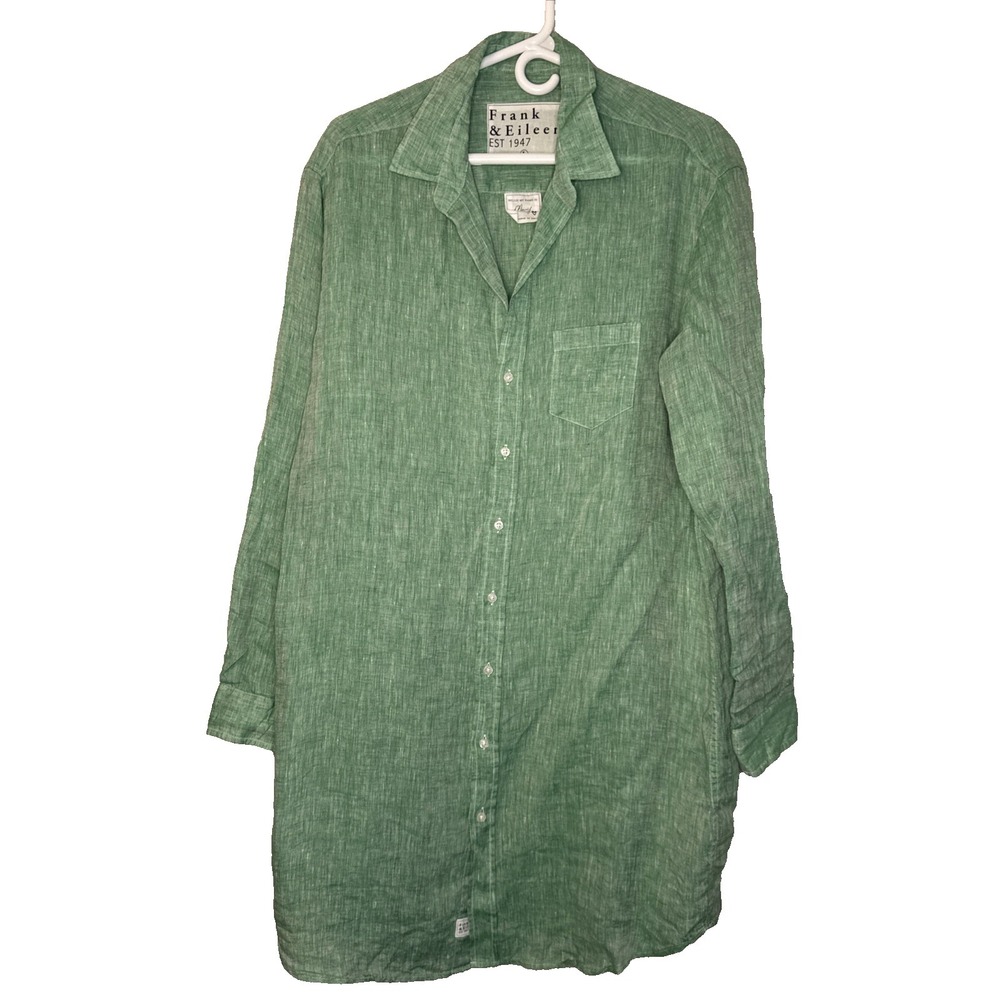 Frank & Eileen Mary Shirt Dress Women's Large Green Hatched Linen Button Up L/S